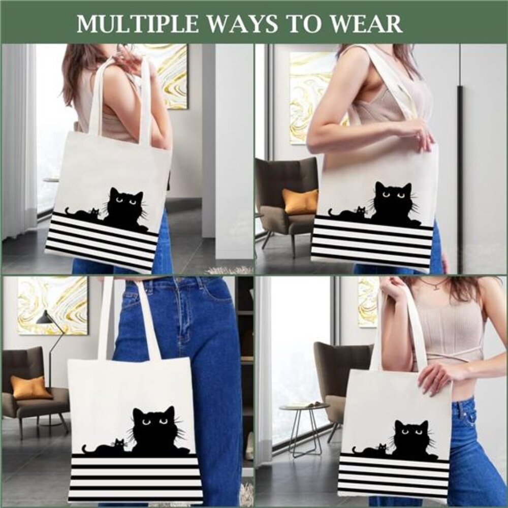 Canvas Tote Bag for Women Aesthetic Cute Cat Shopping Grocery Reusable Bag - Picture 5 of 6
